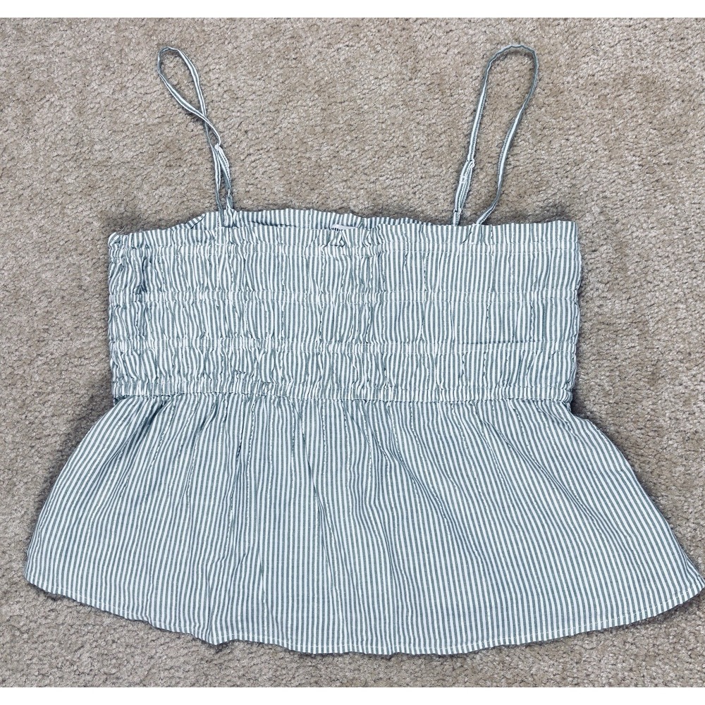 American Eagle Womens Smocked Striped Crop Top XL Green White Cotton Camisole
